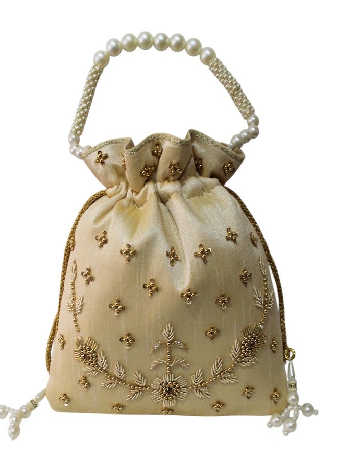 MILAN'S CREATION : Pearl & Zardosi Potli Bag Hand Embroidery Drawstring Potli Women's Handbag Purse With Pearl Handle & Tassel Purse (Gold) - Image 2